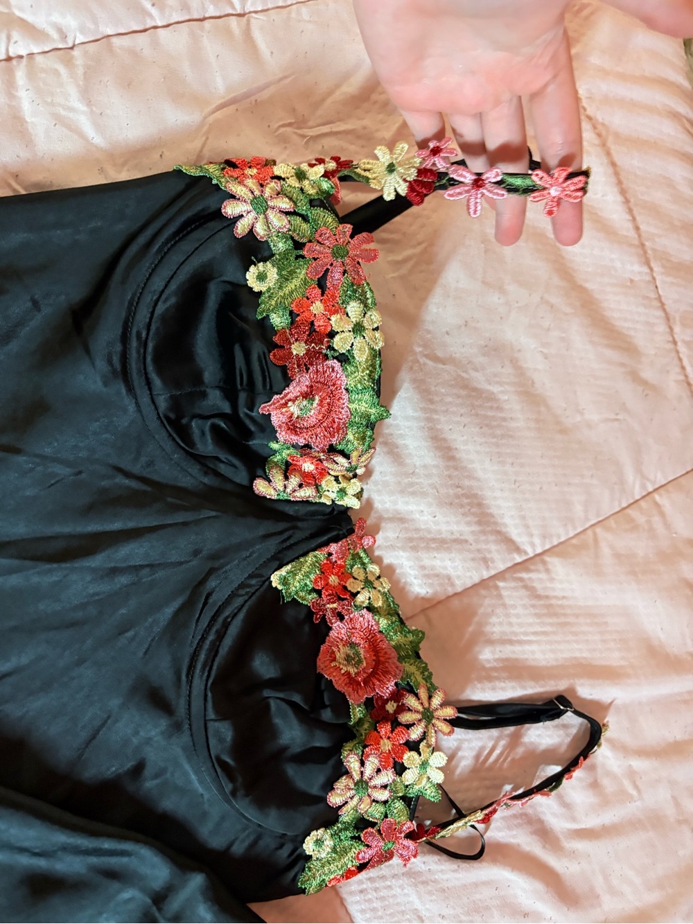 Princess Polly Black Satin Slip Dress with Floral Embroidery - Picture 2 of 3